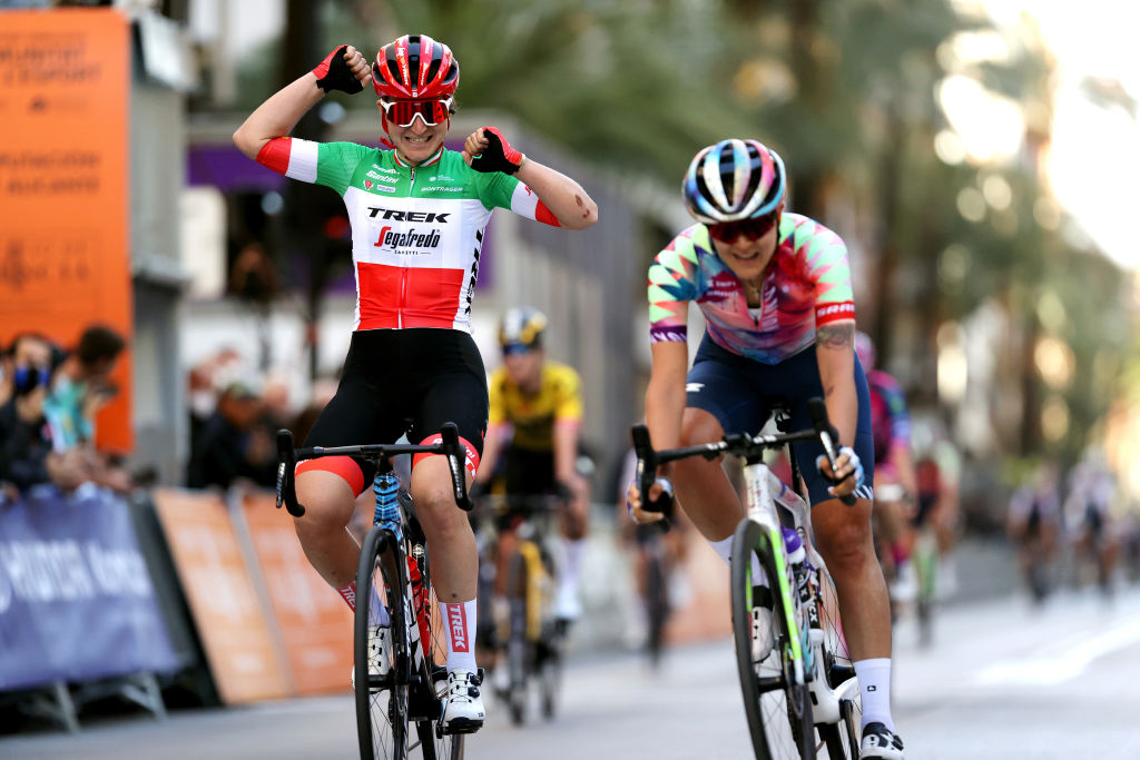 GANDIA SPAIN FEBRUARY 17 Elisa Longo Borghini of Italy and Team Trek Segafredo celebrates at finish line the victory of her teammate Elisa Balsamo of Italy and Team Trek Segafredo during the 6th Setmana Ciclista Valenciana Vuelta Comunidad Valenciana Feminas 2022 Stage 1 a 114km stage from Tavernes de la Valldigna to Gandia VoltaCVFemines22 on February 17 2022 in Gandia Spain Photo by Gonzalo Arroyo MorenoGetty Images