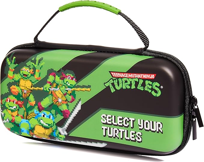 A green and black Teenage Mutant Ninja Turtles carry case for Nintendo switch, with the text 'Select Your Turtles' and pixellated pictures of the four turtles on front