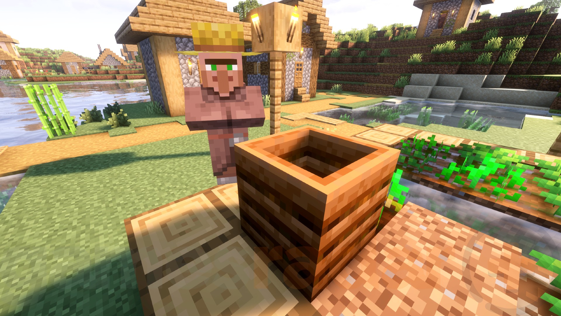 A Farmer stands by his Composter profession block in a Minecraft village.