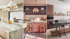 Three images of kitchen islands with sinks and or integrated hobs