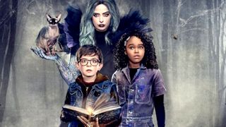 Best fantasy movies on Netflix: Winslow Fegley as Alex, Lidya Jewett as Yasmin, and Krysten Ritter as Natacha on the poster for Nightbooks.