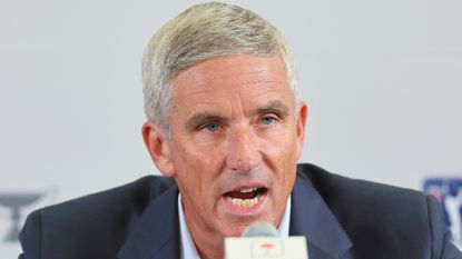 PGA Tour commissioner Jay Monahan talks to the media before the 2022 Travelers Championship in Connecticut