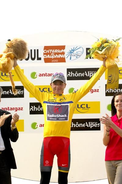 Race leader Janez Brajkovic (Team RadioShack) on the podium