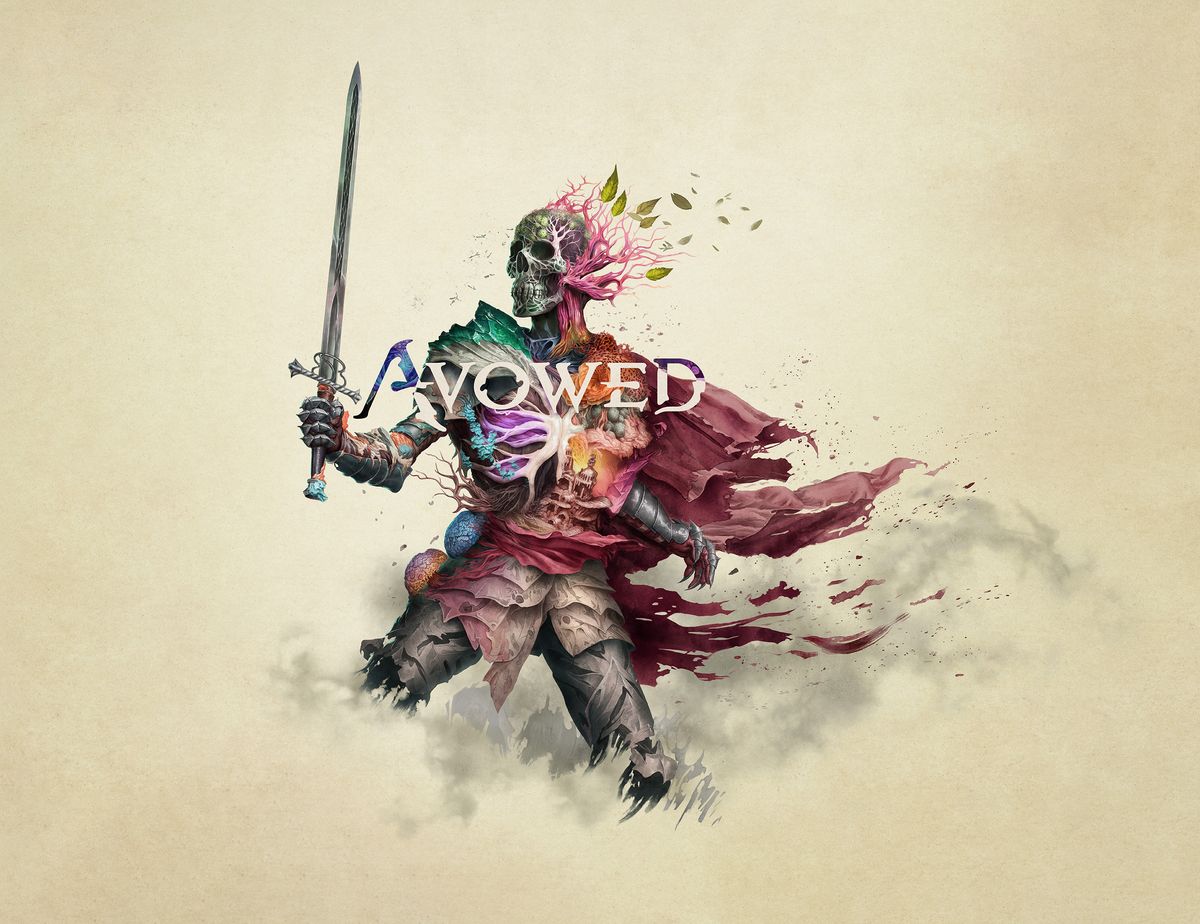 Avowed key art; close ups on digital art, it shows a skeleton warrior with colourful plants and fungus growing from it