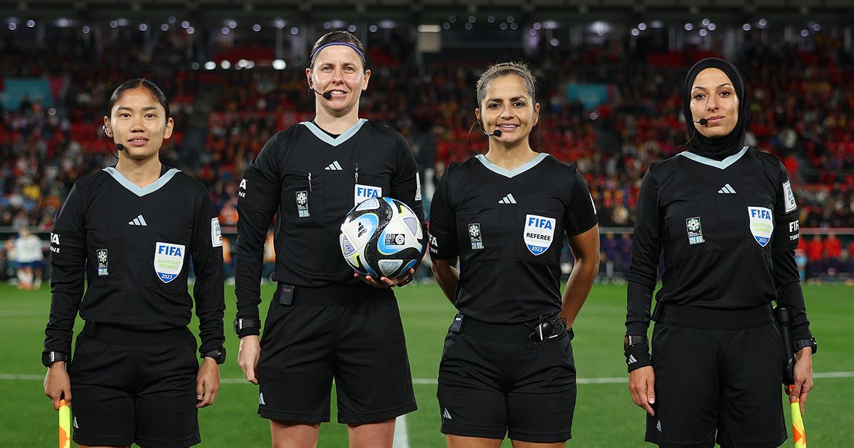 Referee Casey Reibelt poses for a photo with match officials Ramina Tsoi, Marianela Araya and Saadieh Heba during the FIFA Women&#039;s World Cup Australia &amp; New Zealand 2023 Group D match between China and England at Hindmarsh Stadium on August 01, 2023 in Adelaide / Tarntanya, Australia.