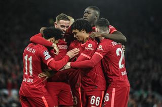 Liverpool players celebrate a goal against Villarreal in the 2021/22 Champions League.
