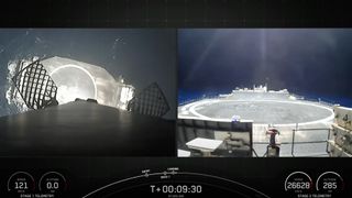 rocket's-eye view of a spacex falcon 9 booster coming down for a landing on a ship at sea
