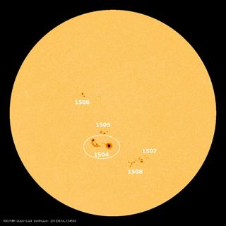 Active Region 1504 on the sun has been active since rotating into view. Image released June 14, 2012.