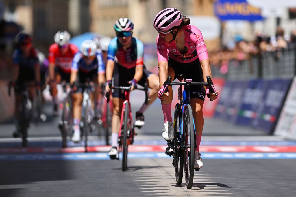CHIETI ITALY JULY 12 Elisa Longo Borghini of Italy and Team Lidl Trek Pink Leader Jersey crosses the finish line during the 35th Giro dItalia Women 2024 Stage 6 a 159km stage from San Benedetto del Tronto to Chieti 330m UCIWWT on July 12 2024 in San Benedetto del Chieti Italy Photo by Luc ClaessenGetty Images