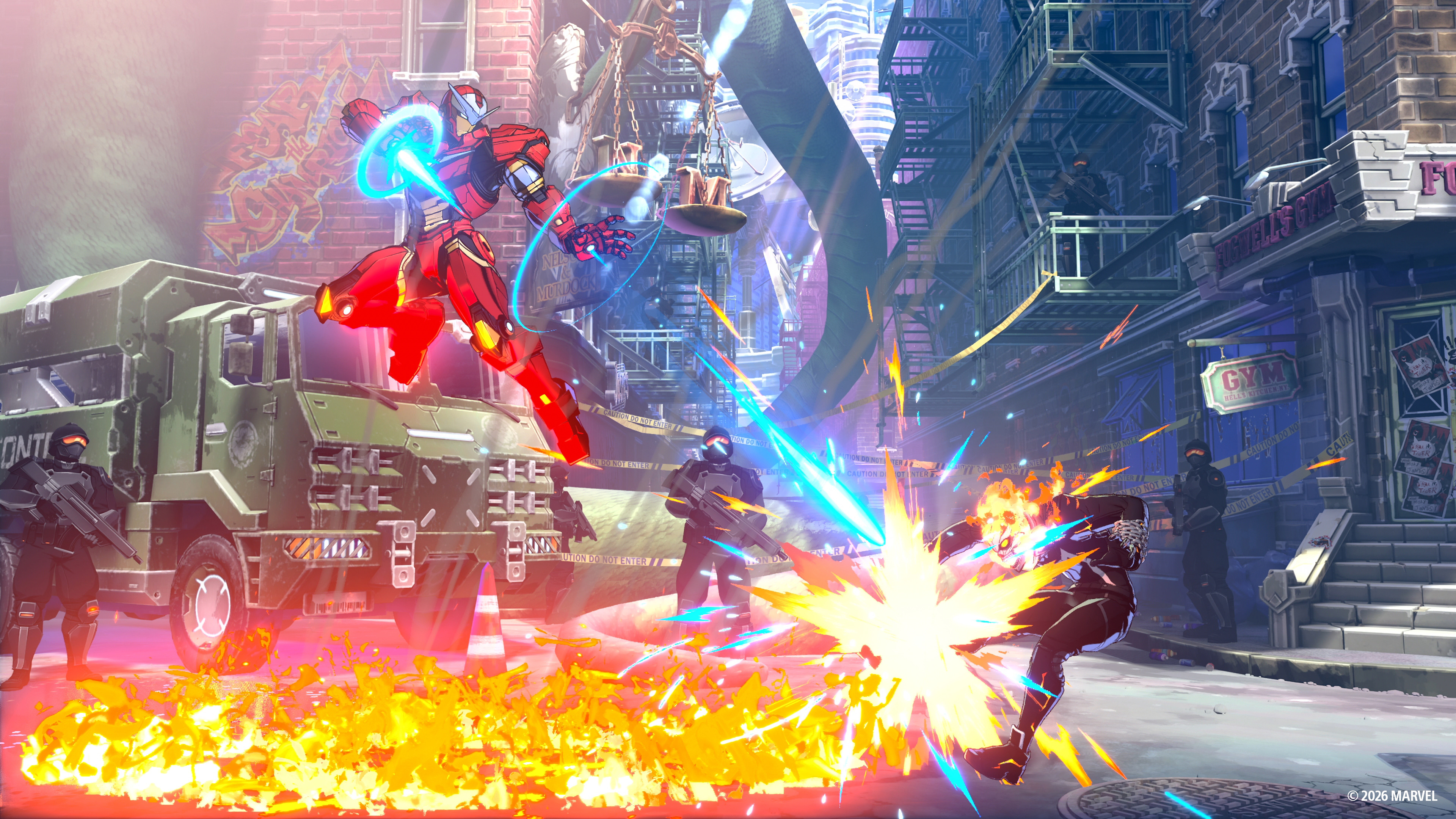 Marvel T&amp;#333;kon: Fighting Souls - Gameplay of Iron Man hovering above fire attacking Ghost Rider in a city street.