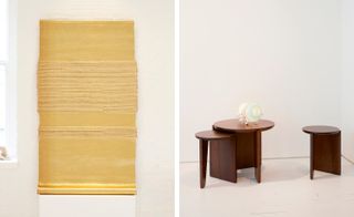 Left, ’Apollo Solo II’, by Hiroko Takeda. Right, ’XL Wu’ side table with ’Wu’ stools, both by Egg Collective.