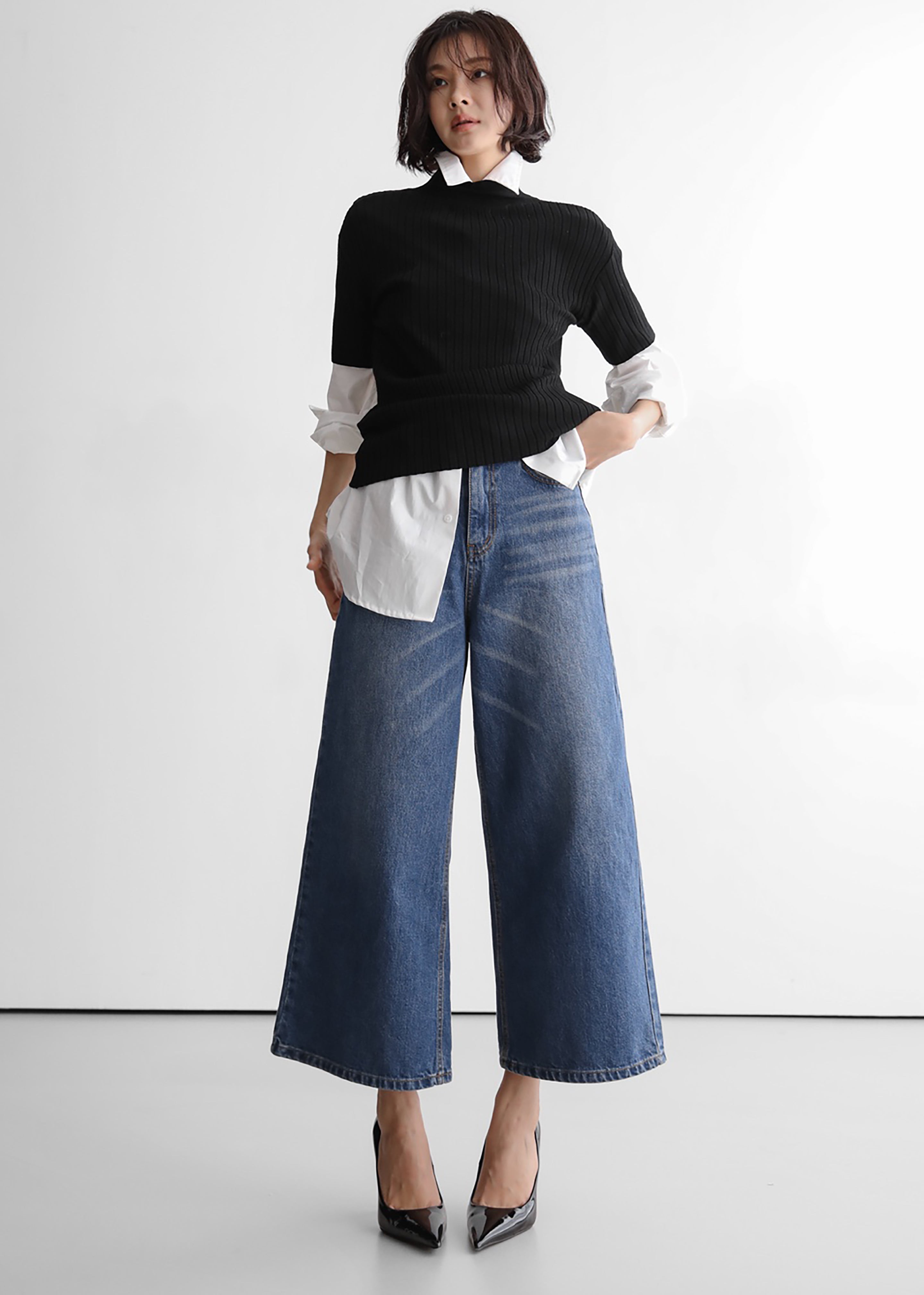 Besdon Denim Culottes - Medium Wash