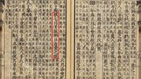 A photograph of an ancient Chinese text with vertical characters with a column circled in red