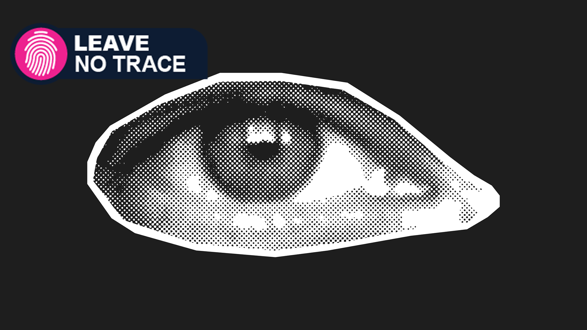 Halfton eye on black background, Leave No Trace logo on top left