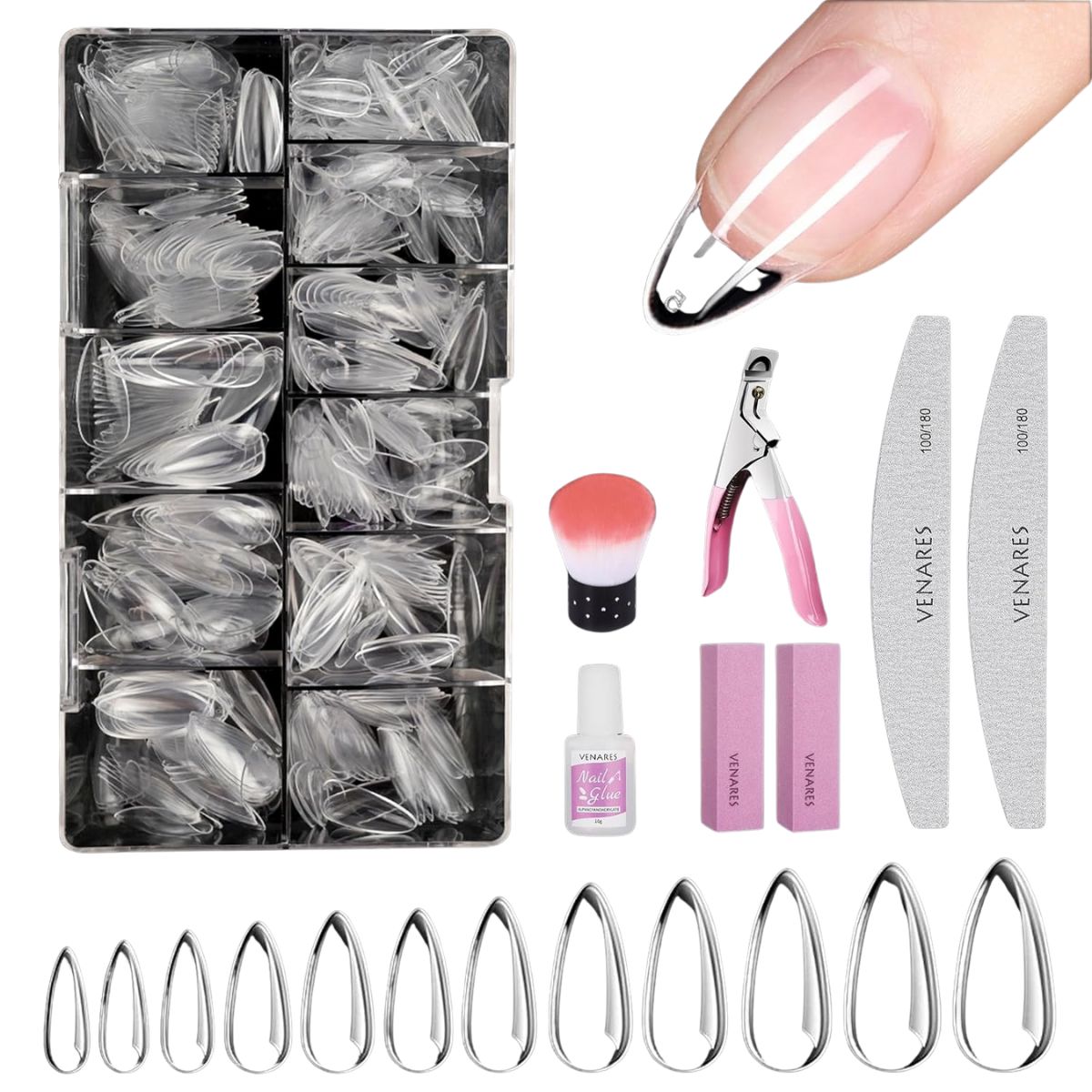 Venares Almond Nail Tips for Gel Extensions, 500pcs Soft Gel Nail Tips Kit With Glue, Files, Buffer, Brush, Cutter, Storage Box : Amazon.co.uk: Beauty