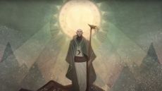 Key art showing Solas standing with his back to a mountain range. The sun rises and shines down on him