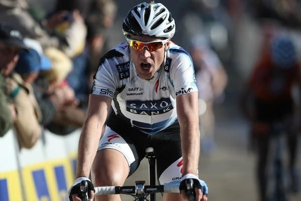 Saxo Bank's Jens Voigt grabs the big ones at the finish.