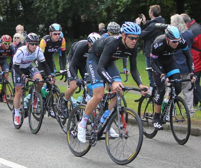 Tour of Britain riders during stage 4. The Sky team works to protect the lead of Bradley Wiggins.