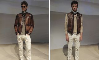 Male models wearing dark brown leather jackets
