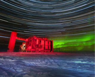 The IceCube Lab at the South Pole, lit up by star trails in this photo taken in July 2015.