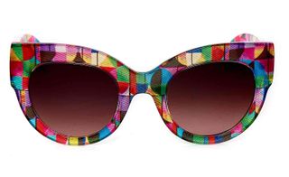 "Cat eye" shaped sunglasses, made out of geometrical shapes in a hue of rainbow colors.