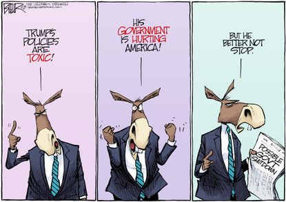 Political cartoon U.S. Democrats Trump toxic policies government shutdown