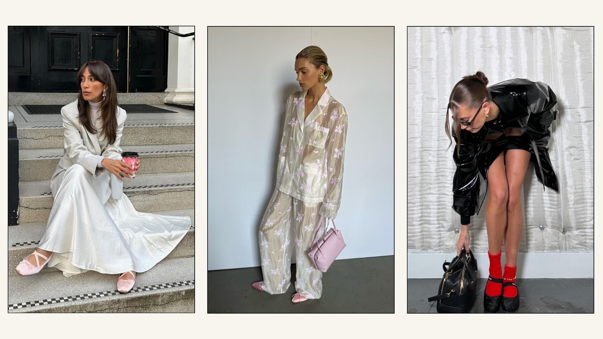Collage of influencers and models wears satin ballet flats with skirts, dresses and two-piece