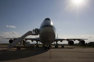 Shuttle Carrier Aircraft Backlit by Bright Sun