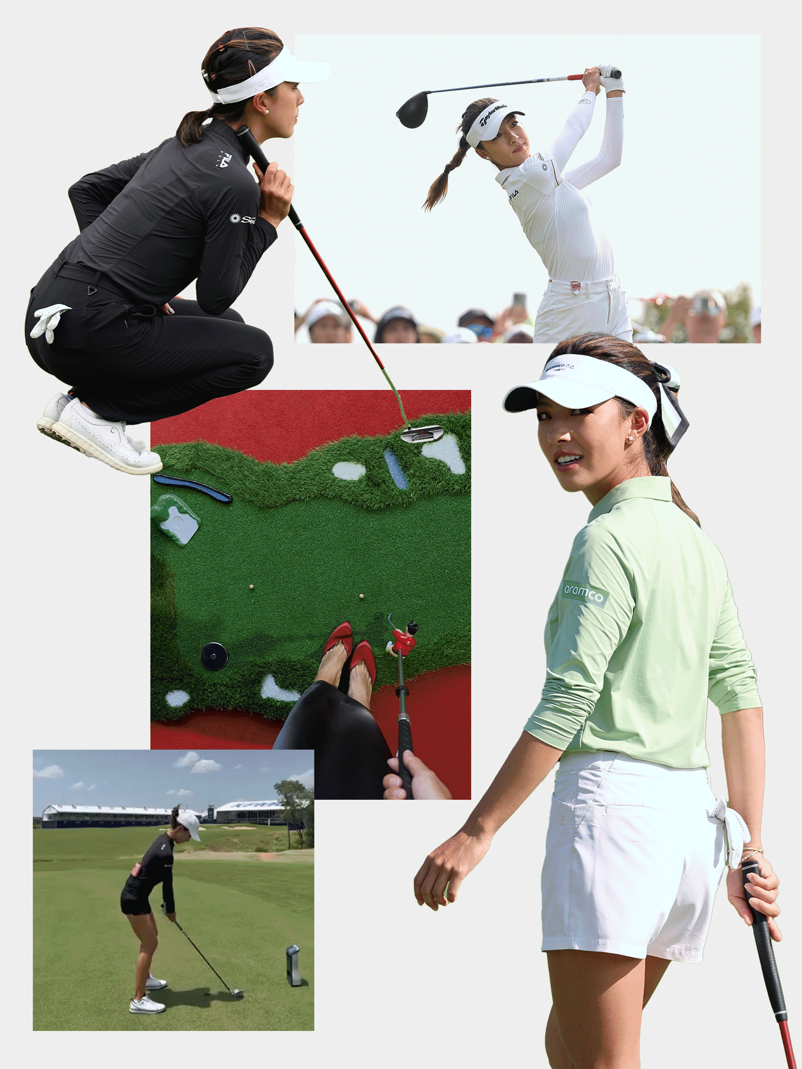 A collage of Lily Muni He at golf tournaments for the LPGA.