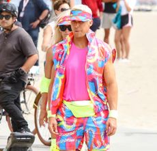 Ryan Gosling seen rollerblading on the set of "Barbie" on June 28, 2022 in Los Angeles, California. 