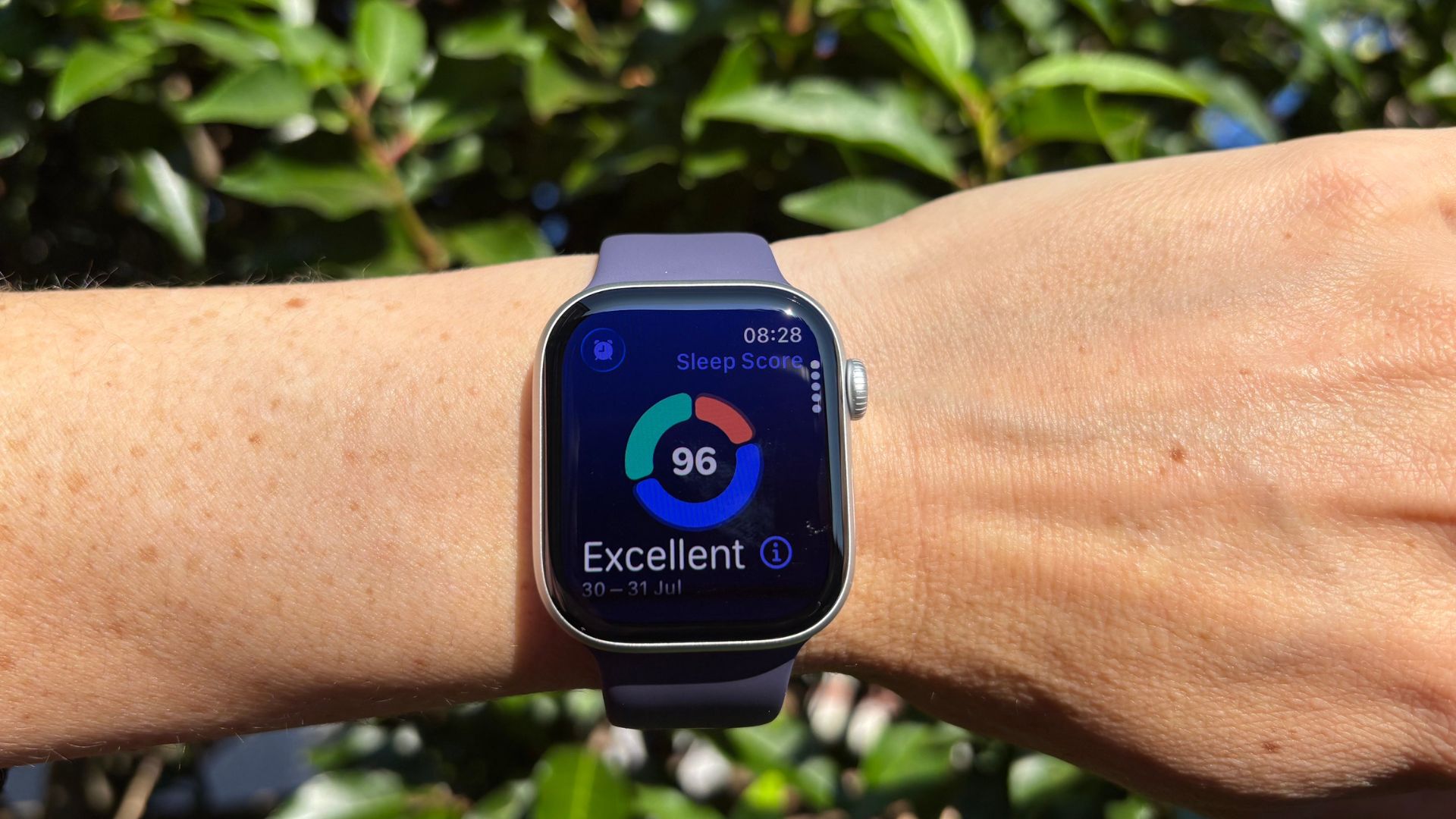 The image shows a wrist wearing an Apple Watch series 11 displaying an 'excellent' sleep score of 96