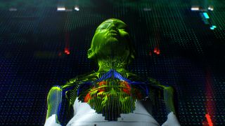 A cybernetic humanoid, made from green, blue and orange data cells