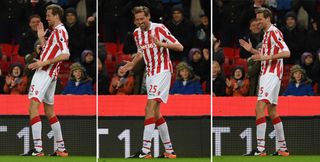Peter Crouch performs his robot celebration after scoring for Stoke City against Everton in February 2017.