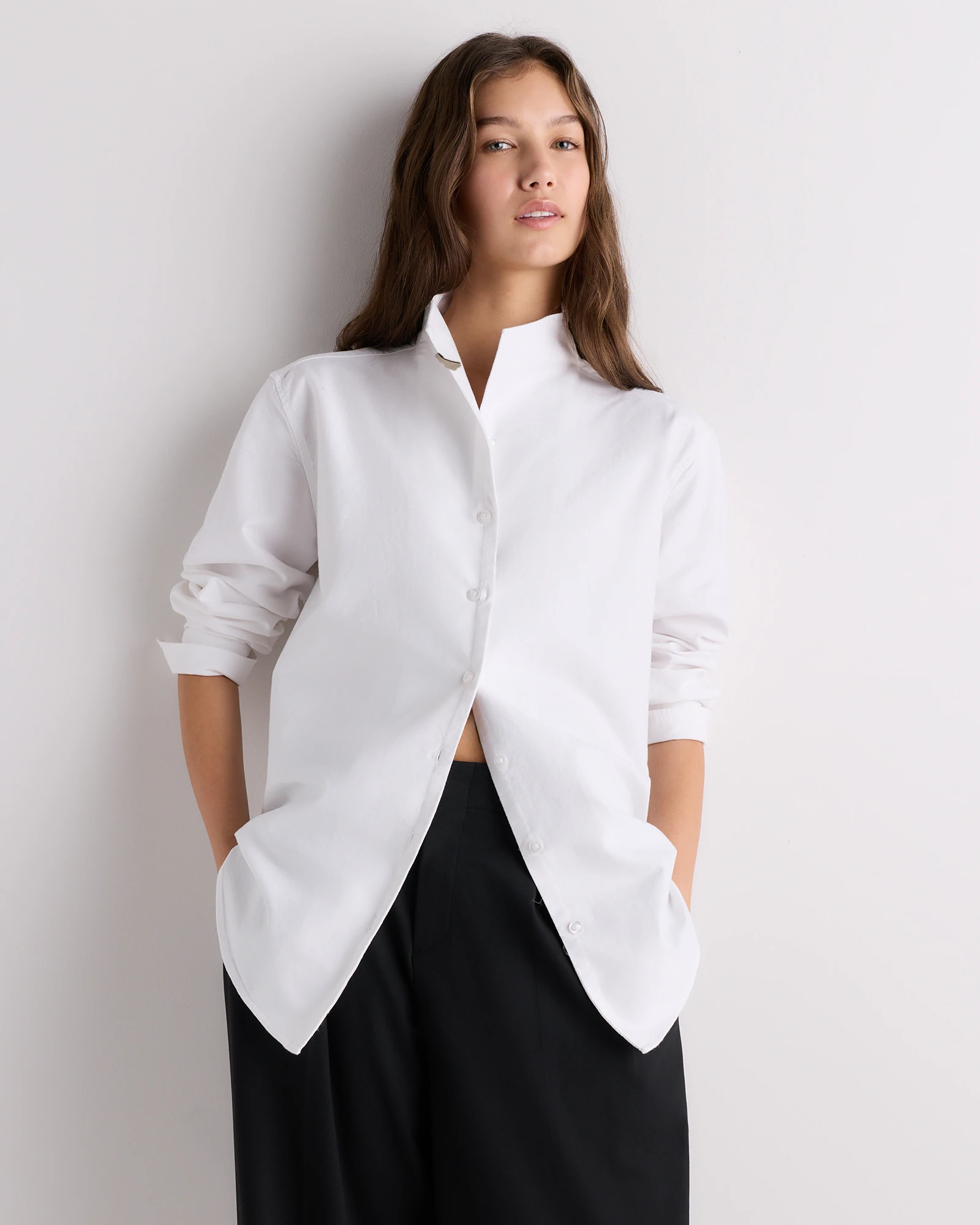 Organic Cotton Oxford Stand Collar Shirt in White
