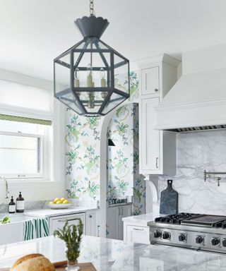 Kitchen mural in white kitchen with elements of green