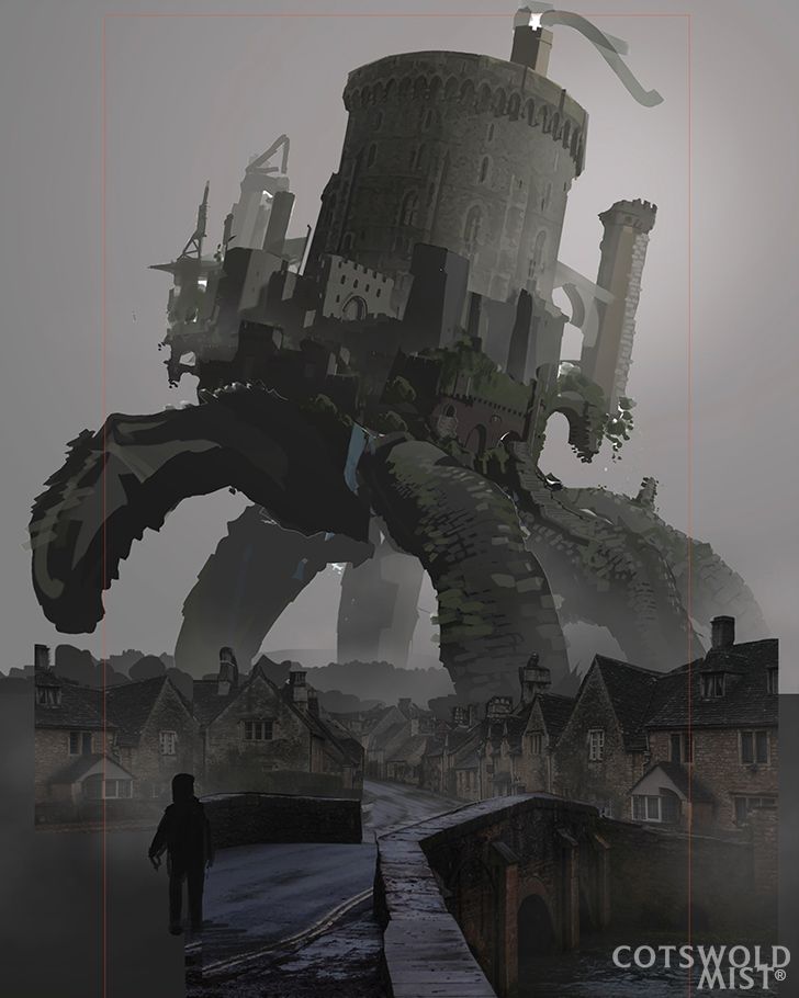 Cotswold Mist; making of a scene showing a castle walking above an English village