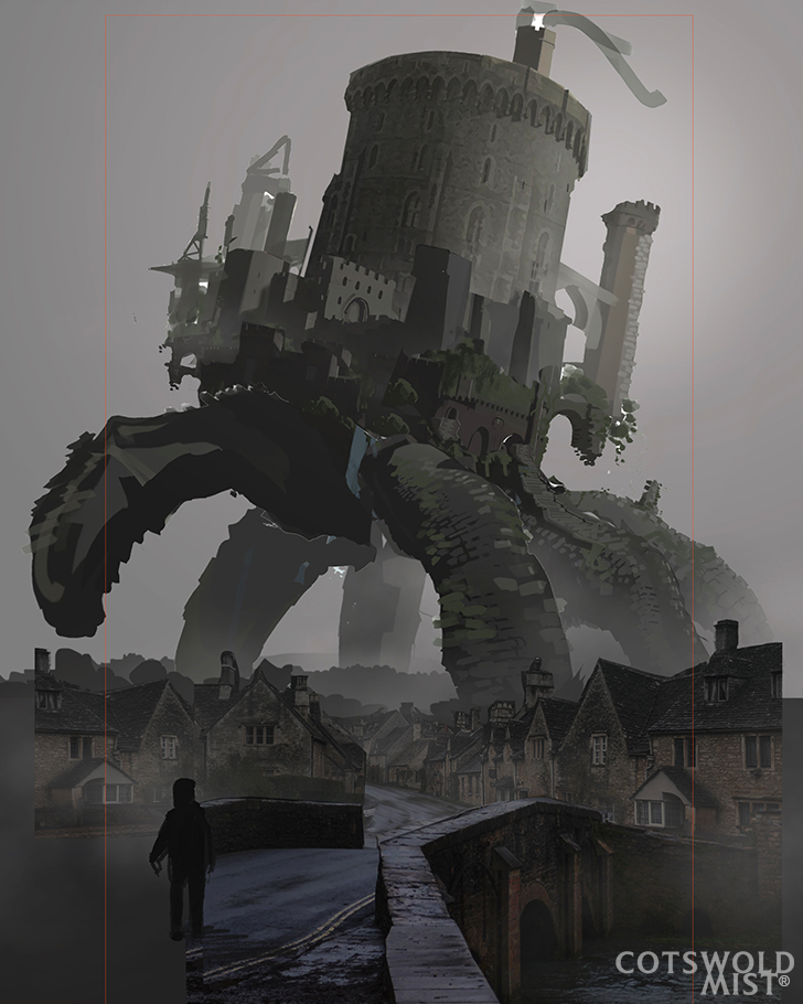Cotswold Mist; making of a scene showing a castle walking above an English village