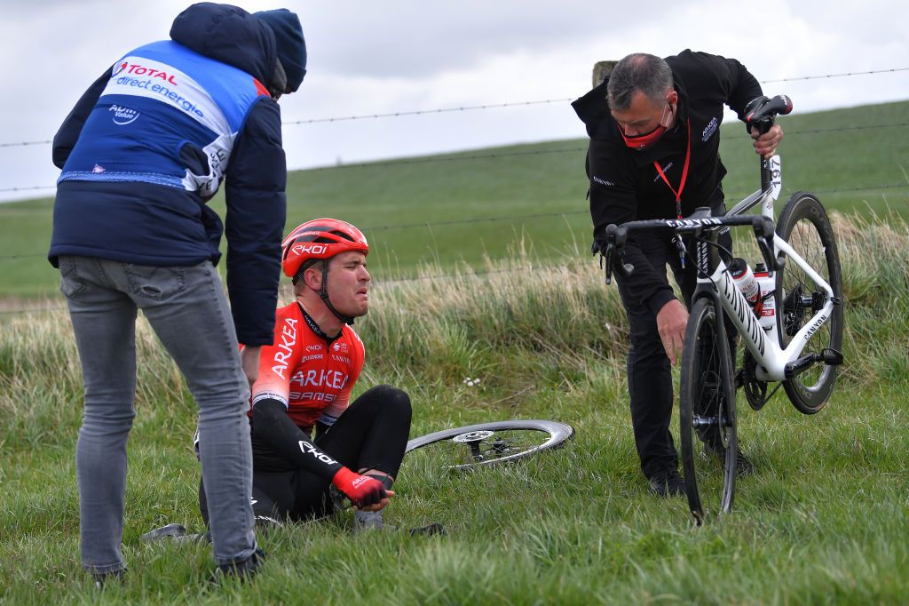 SCHOTEN BELGIUM APRIL 07 Bram Welten of Netherlands and Team Arka Samsic during the 109th Scheldeprijs 2021 Mens Elite a 1942km race from Terneuzen to Schoten SP21 Crash Injury FlandersClassic on April 07 2021 in Schoten Belgium Photo by Luc ClaessenGetty Images