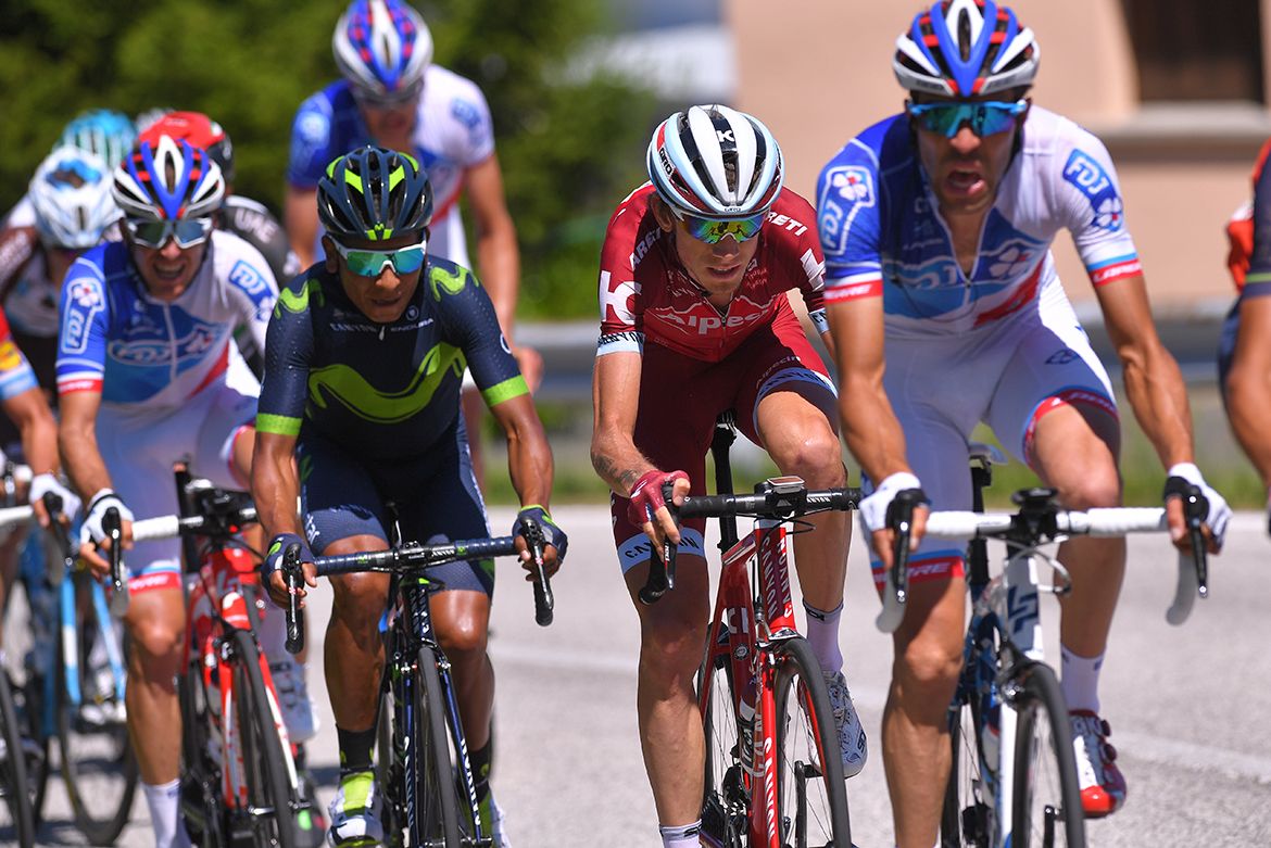 Nairo Quintana, Ilnur Zakarin and Thibaut Pinot at the front