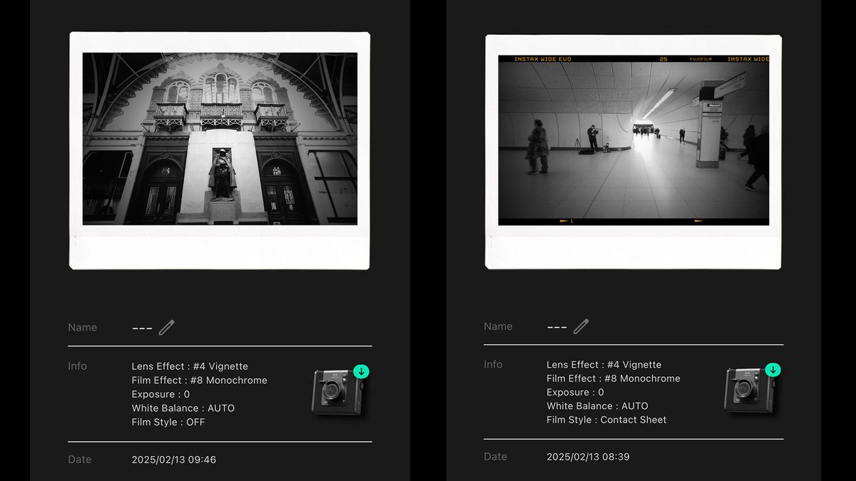 Two screenshots of the Instax Wide Evo app screen