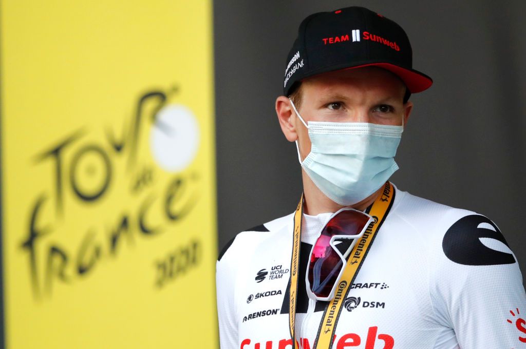 LYON FRANCE SEPTEMBER 12 Podium Soren Kragh Andersen of Denmark and Team Sunweb Celebration during the 107th Tour de France 2020 Stage 14 a 194km stage from ClermontFerrand to Lyon TDF2020 LeTour on September 12 2020 in Lyon France Photo by Stephane Mahe PoolGetty Images