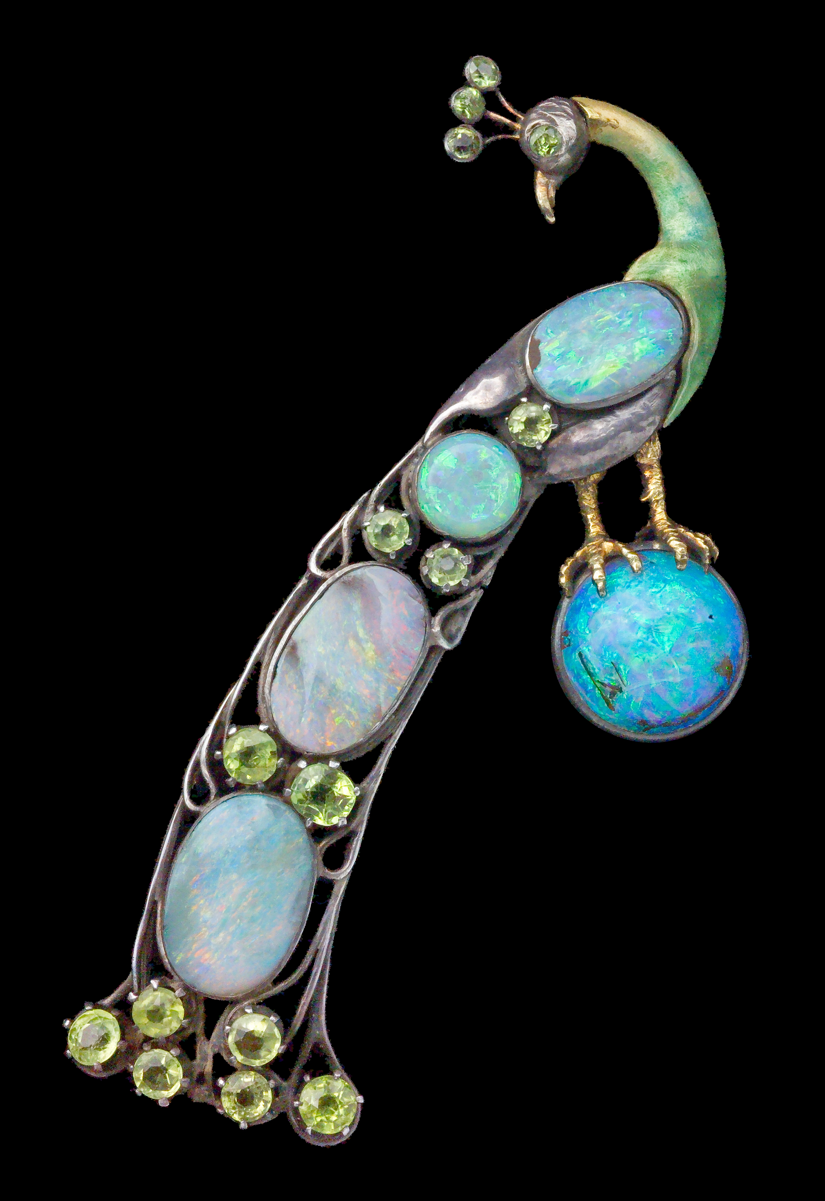 A brooch in the shape of a peacock