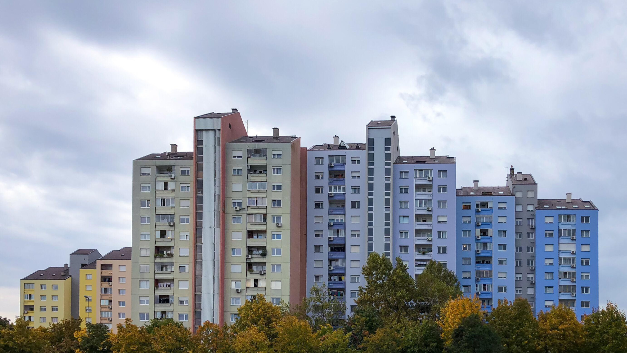 Colourful high-rise apartment blocks in Nova Gorica, Slovenia