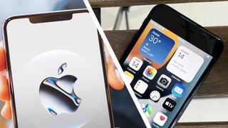 A hand holding an iPhone showing an Apple logo next to an iPhone SE on a bench