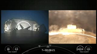 two panels showing a spacex falcon 9 rocket landing on a droneship at sea at night