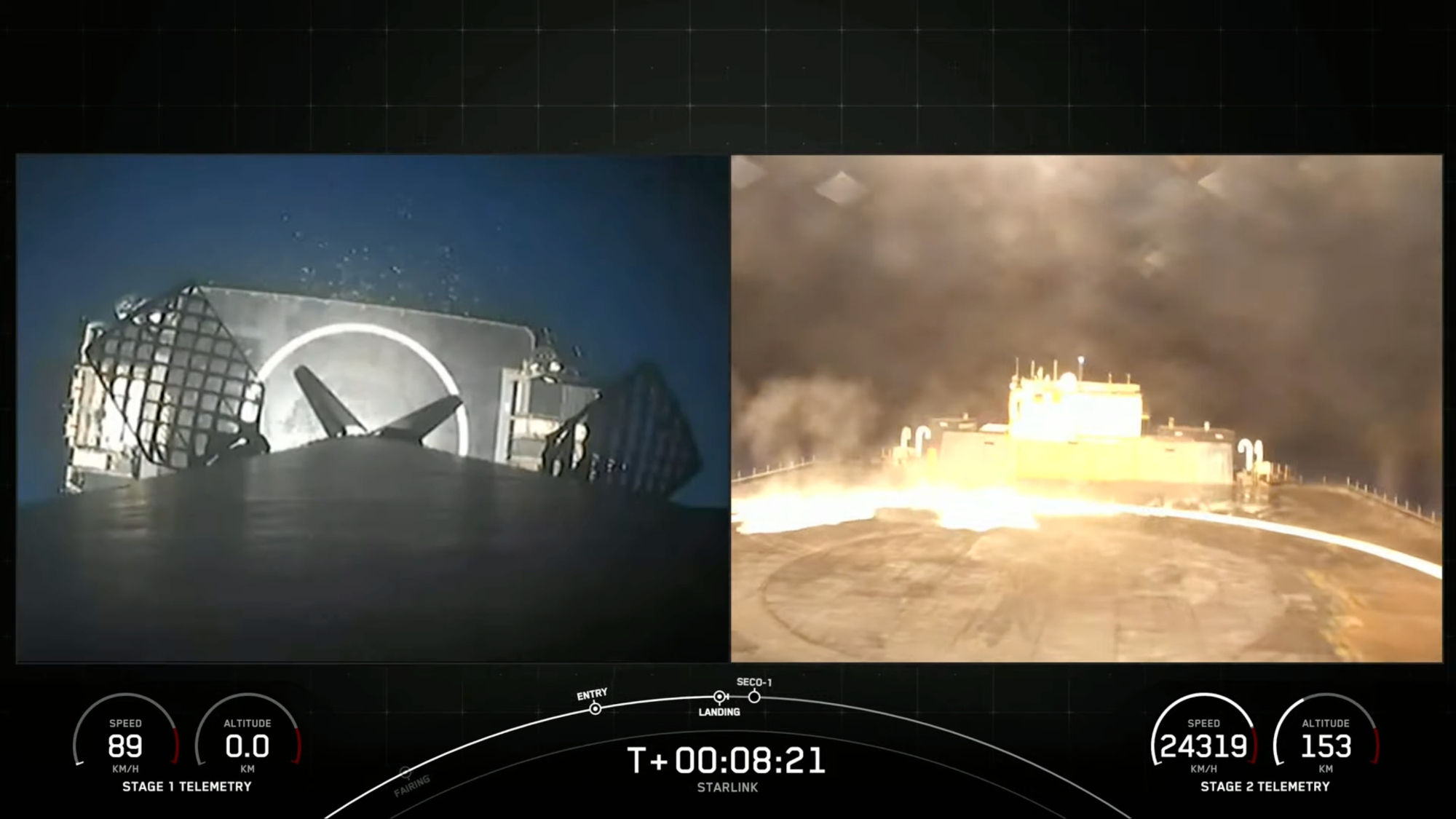 Dois painéis mostram um foguete SpaceX Falcon 9 pousando em um navio drone no mar à noite