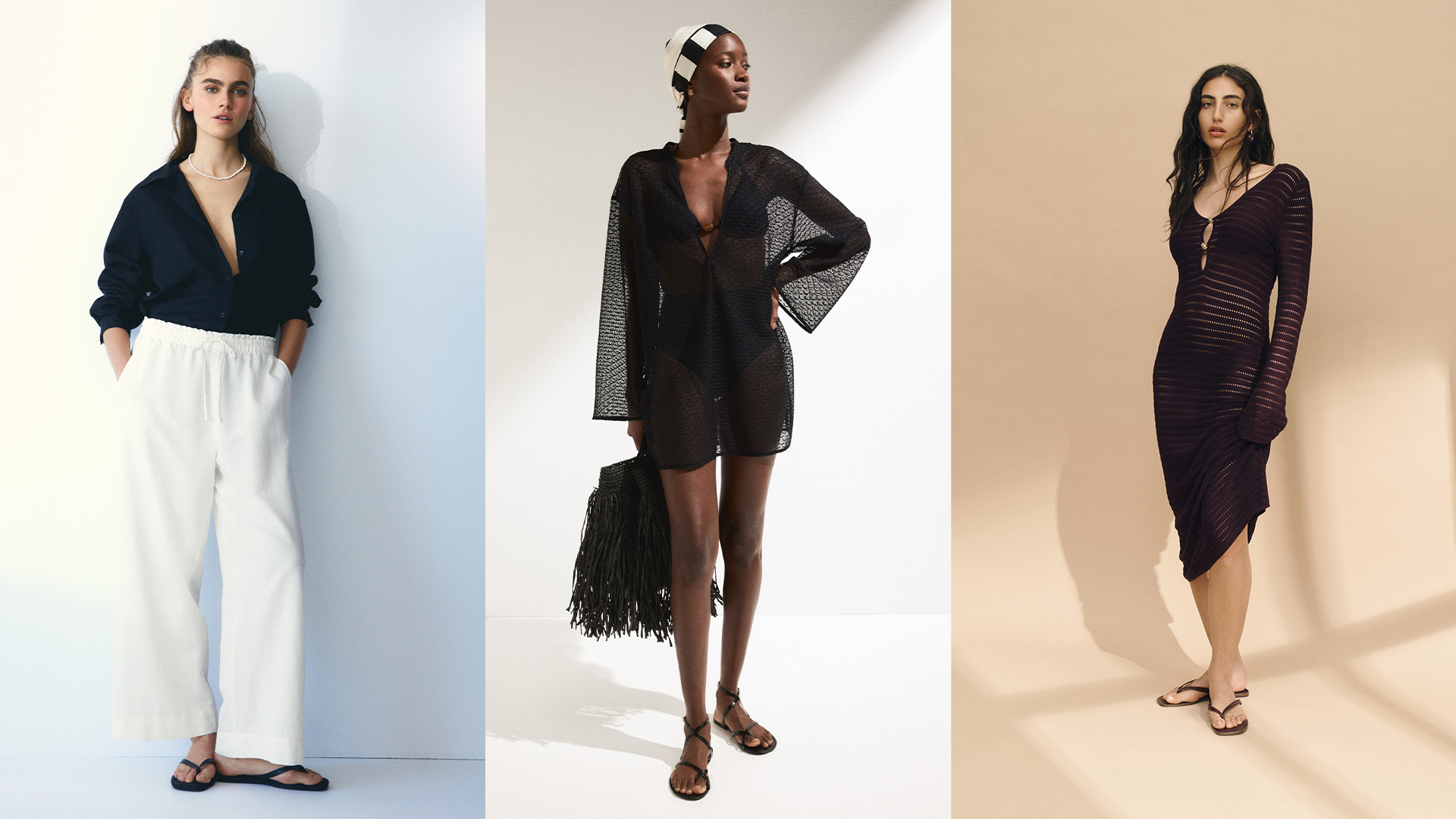 H&M models wearing black button down and white linen pants, a black bikini and black cover-up with a headscarf and fringe bag, and burgundy long-sleeve beach cover-up.