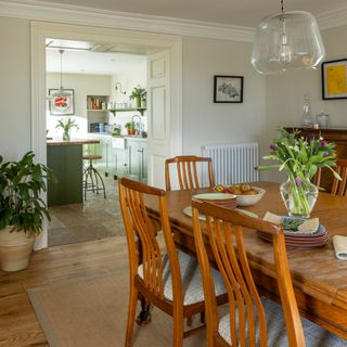 view from dining room of a country house into green kitchen