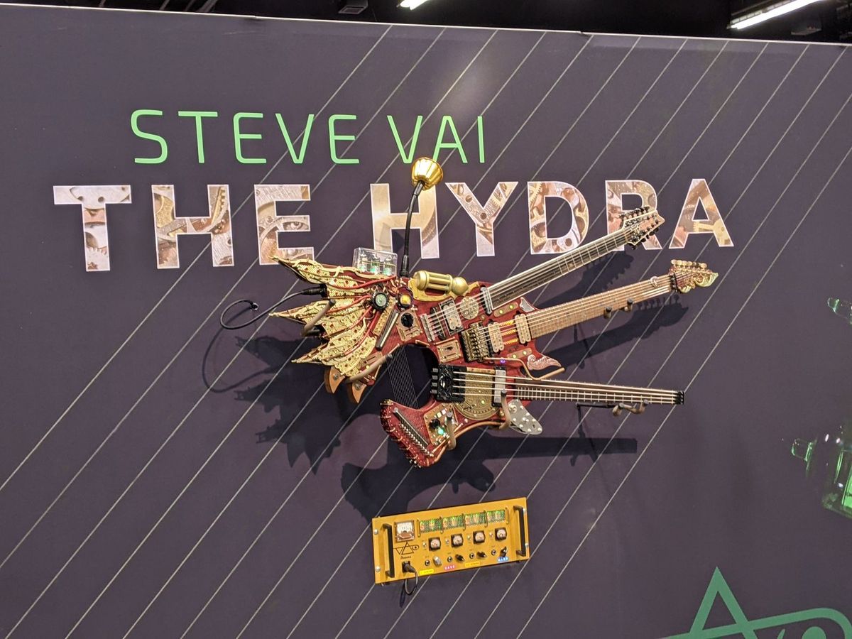 Steve Vai's triple-neck Ibanez Hydra guitar, as exhibited at NAMM 2022