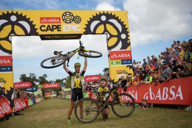 Kristian Hynek and Robert Mennen of Topeak-Ergon Racing celebrate after winning